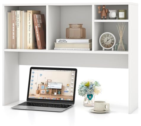 COSTWAY Desktop Bookshelf, Wooden Countertop Bookcase with 4 Cubbies and Open Back Compartment, Free Style Tabletop Storage Organizer Display Shelf Rack for Home Office (White)