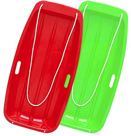 AKLIFFE Schlitten Bob Schlitten Kinder mit 2 Zugseil, 89 cm Bob Schlitten Erwachsene zum Rodeln mit Handgriffe für Unisex Kinder Erwachsene Wintersport (Rot+Grün)