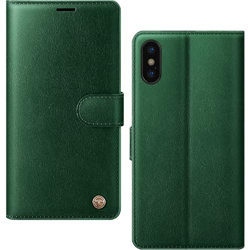 AIMOYU for iPhone X, iPhone XS Case, Flip Wallet Leather Phone Case with [4 Card Slots] [Kickstand] [RFID Blocking] Magnetic Protective Shockproof Cover for iPhone X/XS Phone Case - Green