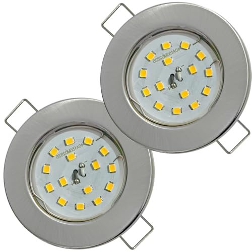 2er Set Flache SMD LED Modul Einbaustrahler | Farbe Edelstahl gebürstet | 5W | 230V | Starr | Klemmring | LED Spots für die Decke mit wenig Einbautiefe | Wohnzimmer | Küche | Schlafzimmer usw.