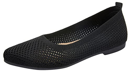 Walk Shoes for Women Ballet Pumps Women Wedding Fashion Summer Women Casual Shoes Flat Pointed Toe Fly Woven Mesh Breathable Upper Slip On Comfortable Womens Trainers Womens Summer (Black, 6)