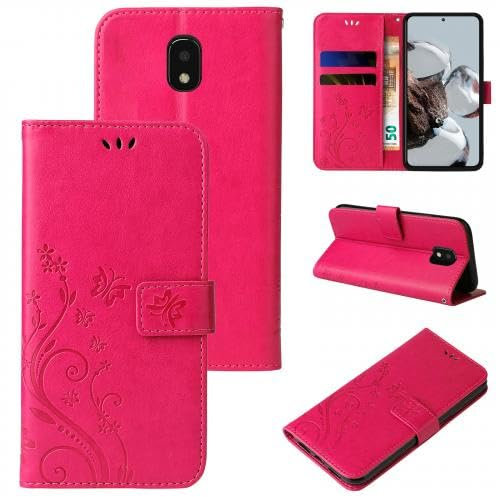 LBH Étui de protection pour Samsung Galaxy J3 (2017) - Papillons et fleurs - Fonction support - Fermeture magnétique - Protection complète à 360° - Rose