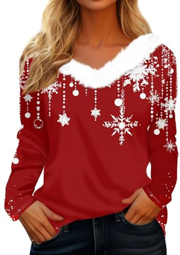 Generisch Weihnachtspullover Damen Lustig, Pailletten Elegant Festlicher Bluse T-Shirt, Schickes Festival Pullover Oberteile Festliches Outfit Damen Rot 3XL
