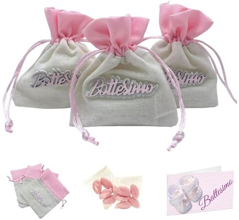 Doni Bomboniere Set Bomboniere Battesimo 12 Sacchetti Misto Juta Cotone Rosa Portaconfetti con Scritta Battesimo in Legno 12 Bustine Confetti Rosa 12 Bigliettini da Personalizzare Festa Gadget
