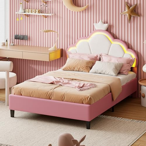 NLDGR Kinderbett Polsterbett 140 x 200 cm, Rosa Doppelbett Kronenbett, Prinzessinnenbett aus Samt Leder mit LED Leuchten, Lattenrost Mädchenbett Einzelbett, ohne Matratze (140X200cm)