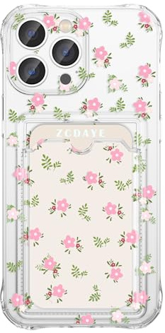 ZCDAYE Floral Clear Case for iPhone 12 with Card Slot, Fresh Pink | Aesthetic Girly Cute Flowers Printed Phone Case, Soft Slim Fit Card Case with Card Holder, Woman Protective Cases Phone Cover