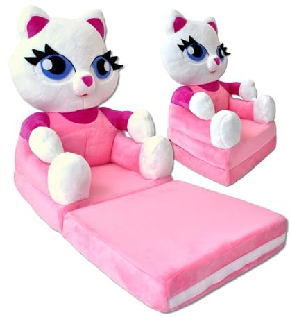 nana shop Kindersessel, Mini-Sessel, Kinderstuhl, Kindersofa Aufklappen 2 in 1, Kuschelsessel, Ausklappbar Kinder Sofa für Kinderzimmer (Rosa Katze)