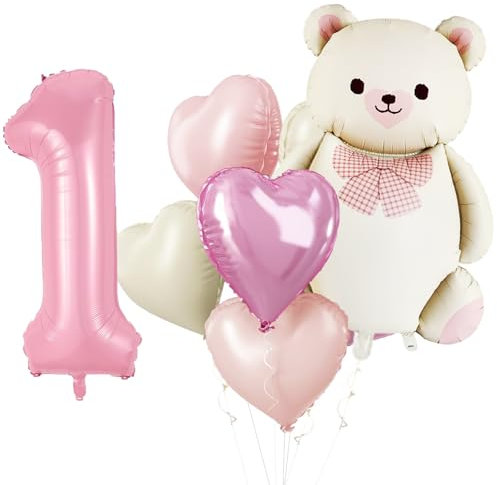 KOBOKO Bär Geburtstagsdeko 1 Jahr Mädchen Rosa, Luftballon 1. Geburtstag Mädchen, Ballon Bären Deko 1 Geburtstag, Herz Folienballon 1 Jahr Deko Geburtstags, Rosa Ballons Erster Geburtstags Mädche