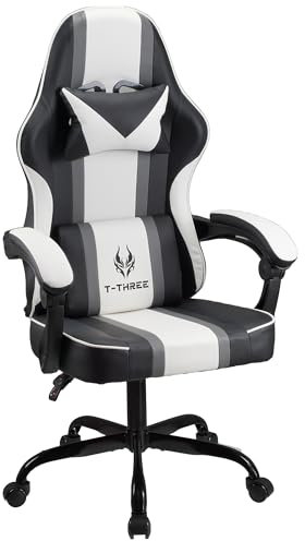 T-THREE.Ergonomic high-back gaming, computer, office, study, swivel, and racing-style chair with adjustable lumbar and headrest support, 150kg weight capacity, ideal for home office(White)