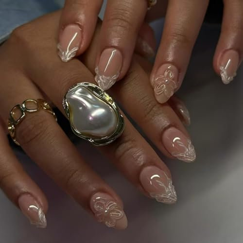 SXVME Nude 3D Press on Nails Short Almond, Flora Spring French Fake Nails with Designs, Almond Glue on nails with Diamond, Thick Cute Stiletto Extra Short Nails for Women and Girls, 30 Pcs