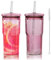 Joeyan 650 ml Glass Tumbler with Straw and Lid for Iced Tea Coffee Smoothie Water Juice Beverages Soda, Pink Borosilicate Glasses Cups, Ribbed Drinking Jar, Set of 2, Dishwasher Safe