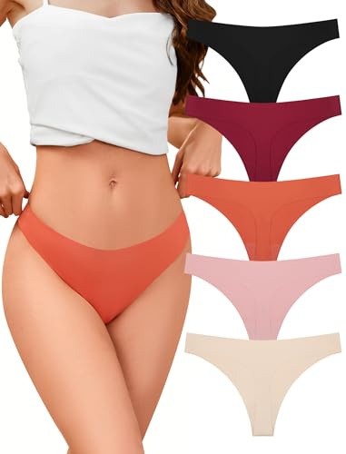 VOENXE Seamless Thongs for Women,No Vpl Ladies Knickers Underwear Multipack | 5 Pack Invisible Low Rise Pants,No Show Sports Stretch Panties,Breathable Comfy Soft Workout Tanga Briefs