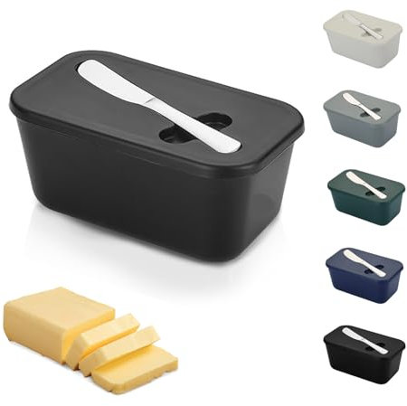 Butter Dish with Lid and Knife – TRACOMPAN Unbreakable Plastic Butter Container | Butter Dish with Butter Knife | Lightweight Butter Holder Tray for Odor-Free Storage(Dishwasher Safe) (Black, Medium)