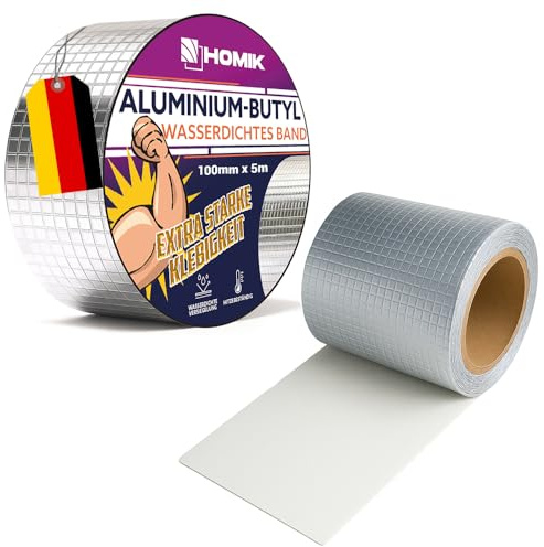 HOMIK Aluminium Butylband mit echter Aluminiumfolie 10cm x 5m – Extrem Starkes Dichtungsband für Dach, Regenrinne & Rohr – UV- & Wetterbeständig – Selbstklebendes Reparaturband für Außen & Innen