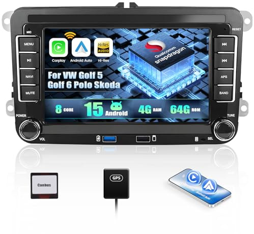 CAMECHO [Qualcomm 8-Core] Android 15 Autoradio per VW Golf 5 6 Polo 5 T5 Skoda Passat B6 B7 Seat, 4+64G Navi Wireless Carplay DSP, 7 Stereo WiFi Android Auto FM/RDS Bluetooth MirrorLink+CANBUS