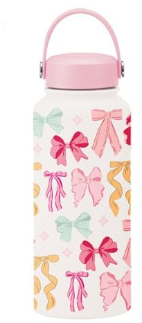 BRTNUP Bow Water Bottle, Stainless Steel Water Bottle Wide Mouth 1L Insulated Waters Bottles Teen Girls Water Bottles Best Gifts for Teen Girls Cute Bow Design School Water Bottles for Teens (White)