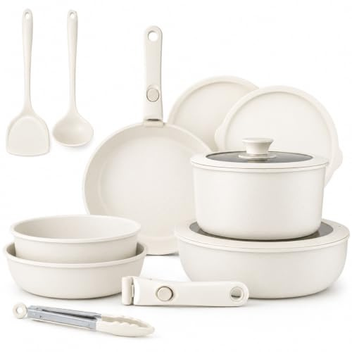 La Moustache - Batería de Cocina 14 Piezas, Mango Extraíble (Latte Click) | 2 Cacerolas, 2 Sartenes, 1 Sartén Profunda, 2 Tapas de Silicona y 2 de Plástico, Diseño Apilable, Inducción y Gas, sin PFOA