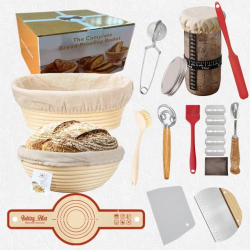 21 PCS Bread Making Accessories 9Inch Round And 10Inch Oval Bread Proofing Basket Sourdough Starter Kit,sourdough Basket, Dough Whisk, Dough Scraper,Oil Brush