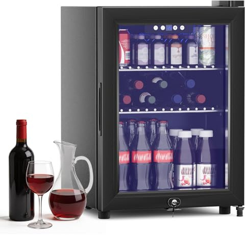 Mini Fridge, 58L Table Top, 43dB Quiet, Touch Control with Digital Display (4°C to 16°C), UV-Protected Double Tempered Glass Door with Lock, for Bedroom, Office & Kitchen [Energy Class E] (Black)