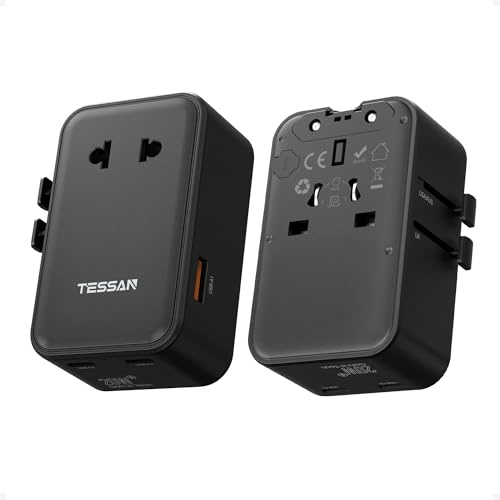 TESSAN Reiseadapter Weltweit PD 20W, Travel Adapter Worldwide, Schwarz | 2 USB C und 1 USB A, Reisestecker Adapter Weltweit, Internationaler Steckdosenadapter für England USA Japan Thailand