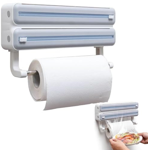 CEWROM 3 in 1 Frischhaltefolienspender, Alufolienspender und Frischhalte Hängend mit Cutter, Platzsparender Wandrollenhalter, Küchenrollenhalter Ohne Bohren, Alufolienspender Schublade für Küche
