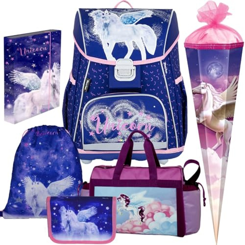 Oxybag Schulranzen Mädchen 1.Klasse Unicorn Einhorn Premium Schulranzen-Set 6tlg. mit Sporttasche, Schultüte, Heftbox