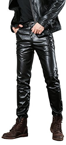Idopy Herren Slim Fit Soft PU Faux Leder Biker Hose Trachtenlederhose Trachtenlederhose Lederhosen, 36W, Schwarz