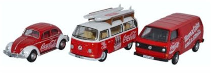 VW 3er-Set, Käfer, T2 Bus, T3 Kastenwagen, Coca-Cola, 0, Modellauto, Fertigmodell, Oxford 1:76