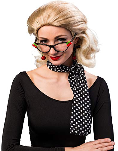 Amakando 50er Jahre Zubehör-Set Kirsche mit Brille, Ohrringen & Tuch/Schwarz-Rot/Rockabella Vintage-Accessoires 50s-Style/Ideal zu Themenabend & Fasching