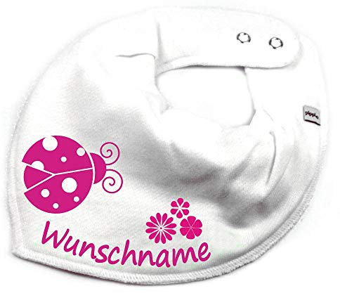 HALSTUCH mit Namen oder Text personalisiert für Baby oder Kind aus Baumwolle in Einheitsgröße Marienkäfer weiß