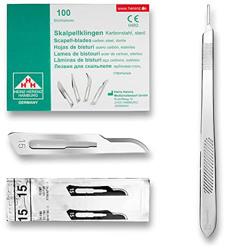 May Lot de 100 lames de scalpel stériles Figure 15 en acier au carbone emballées individuellement - Avec support de scalpel en acier inoxydable de 21 cm de long - Lames jetables de précision pour
