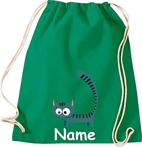 Shirtinstyle Gym Sack Kinder Turnbeutel Tiere Cat Katze Mietze mit Wunschnamen, Beutel Tasche, Farbe Kellygreen