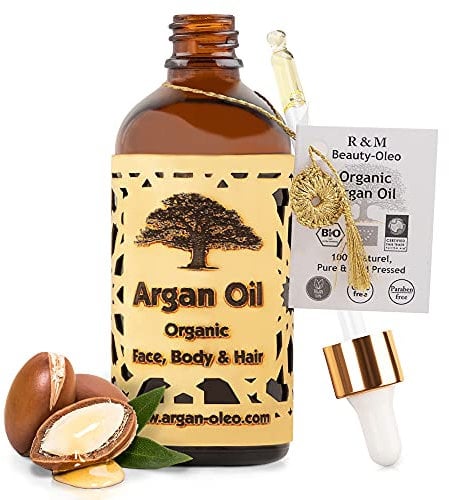 SEHR GUT IM TEST - R&M Beauty-Oleo Bio Argan-Öl aus Marokko mit Pipette - Fair Trade Öl für Haare, Gesicht, Nägel - Pflege-Serum gegen Pickel - 30 ml