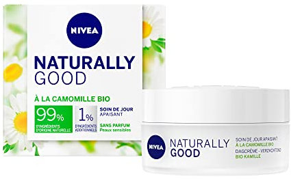 NIVEA NATURALLY GOOD Soin de Jour Peaux Sensibles 50 ml, Soin visage avec 99% d’ingrédients d’origine naturelle, crème de jour enrichie en Camomille BIO