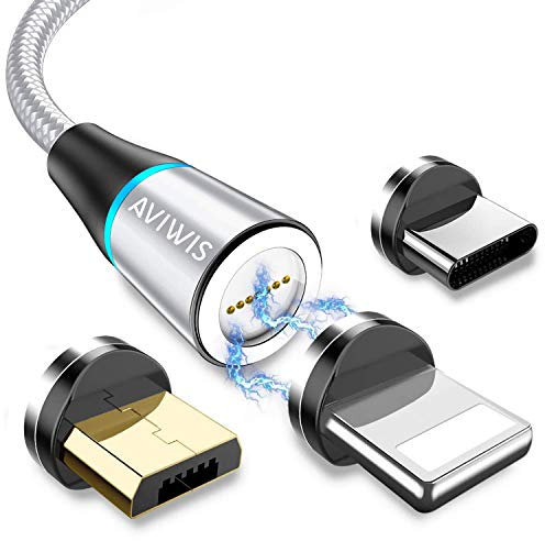 magnetisches Ladekabel, AVIWIS 3-in-1-3A-Magnetkabel für schnelles Laden und Datensynchronisieren mit Micro-USB, Typ C, IP-Adapter für Telefon, Android, Samsung, Huawei, Kindle (1 m, Silber)