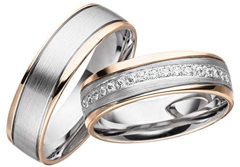 JC Trauringe Silber 925 Paarpreis Eheringe Rotgold Weißgold Plattiert 6,0 mm breit I Partnerringe mit Gravur in edler Schatulle I 2 Hochzeitsringe Herrenring ohne & Damenring mit Steinen I LC127-1-P