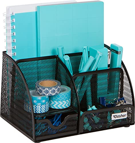 Schreibtischorganizer und Zubehör Büro – 6 Fächer mit Schiebeschublade, Netzoptik, Desktop Organizer zur Aufbewahrung von Stiften, Notizblöcken, Heftern, Rechnungen, Büroklammern (Schwarz – 1 Stück)