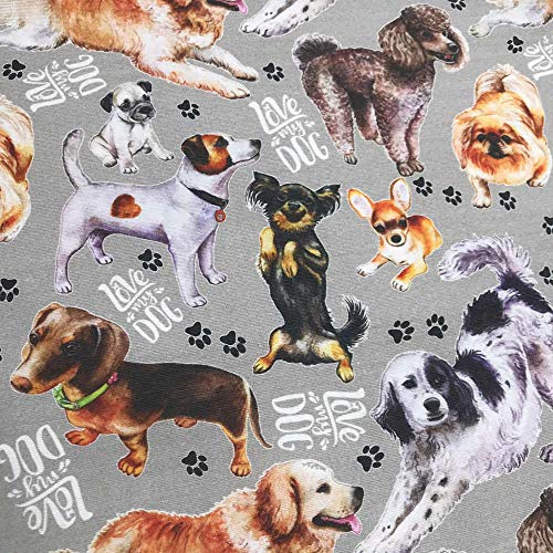 Kt KILOtela - Leinenstoff, Meterware, Digitaldruck, Breite 280 cm, Länge wählbar von 50 in 50 cm, Hunderassen, Love My Dog, Grau