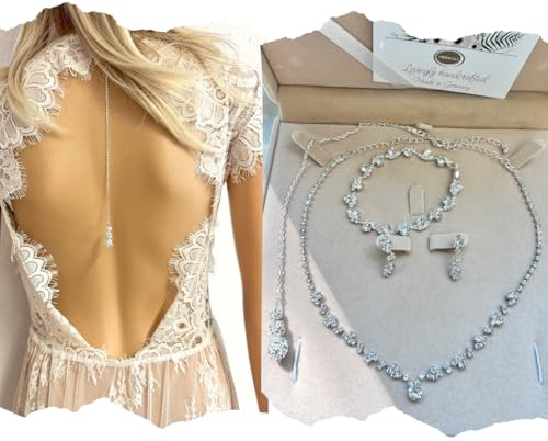 ONDEGO® Brautschmuck Set Silber, Halskette 38-48cm, Rückenkette 23cm, Armband 18,5cm, Ohrringe 2,5cm mit Strass