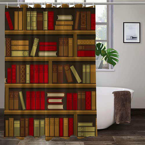 Duschvorhang, Bücherregal-Muster, wasserdicht, Badezimmer-Vorhänge, Heimdekoration, Premium-Polyester-Stoff, Badvorhänge mit 12 Haken, längere Größe 152 x 200 cm