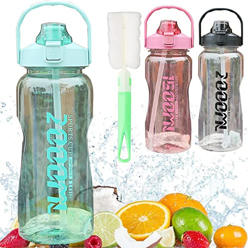 quancifang Gourde avec Paille 2 Litre, Sans Bouteille Plastique Gourde Sport Fille d'eau Water Bottle Reutilisable Anti Fuite pour Enfant Adulte École Voyage Camping 2000ml Vert