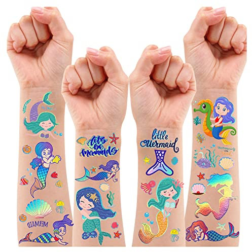 Leesgel 200 Stück Metallic Glitzer Meerjungfrau Temporäre Tattoos für Meerjungfrau Deko, Meerjungfrau Geschenke Spielzeug Tattoo Aufkleber für Mädchen Geburtstagsparty Dekoration Unter dem Meer