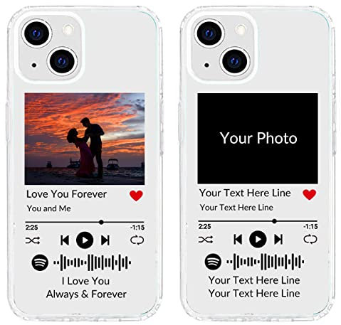 NC Custom Soft Phone Case for iPhone 13 with Spotify Code, Personalized Music Phone Cover with Your Photo and Texts, Clear TPU Bumper Case