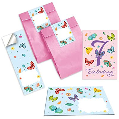 Junapack 12 Einladungskarten zum 7. Kindergeburtstag siebte Geburtstag Mädchen Schmetterlinge incl. 12 Umschläge, 12 Tüten/rosa, 12 Aufkleber