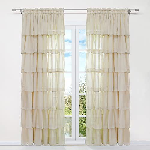 HongYa 1 Stück Voile Gardine Schal mit Rüschen Halbtransparenter Vorhang Tunnelzug Einfarbiger Fensterschal H/B 245/140 cm Sand
