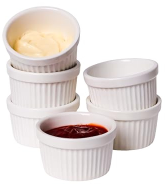 2.5 oz Ramekins 6 pcs Porcelain Ramekins Dishes for Souffle,Creme Brulee, Pudding, Custard Cups,Bakeware Bowls Set for Baking,Oven Safe, White 2.5 inch