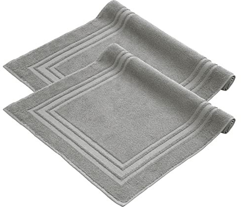 Komfortec Badvorleger Set 2 Teilig, Frottee Duschvorleger, Waschbar Duschmatte & Badteppich, 600 g/m² &100% Baumwolle, Saugfähig & Schnelltrocknend, 50 x 70 cm, Silber Grau