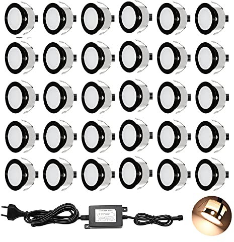 CHNXU 30er Set LED Einbaustrahler Bodeneinbaustrahler Warmes Weiß 12V Ø30mm 0,6W 9LM Terrassenbeleuchtung Außen IP67 Wasserdichte LED Treppen Beleuchtung für Garten Holzbrücke Pool Holzdeck, Schwarz