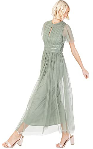 Anaya with Love Damen Ladies Midaxi Dress Women High Waist Keyhole Short Flutter Sleeve Crew Neckline for Wedding Guest Bridesmaids Prom Kleid, Frosty Green, 48