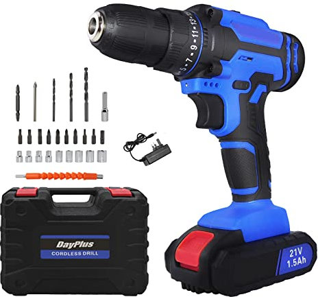 21V Akku-Bohrschrauber 3/8 Zoll Bohrfutter mit 1500mAh Li-Ion Akku, 45N.m, 25+1 Drehmomenteinstellung 2 Geschwindigkeiten, LED Licht, Inklusive 26Pcs Zubehör mit Aufbewahrungskoffer